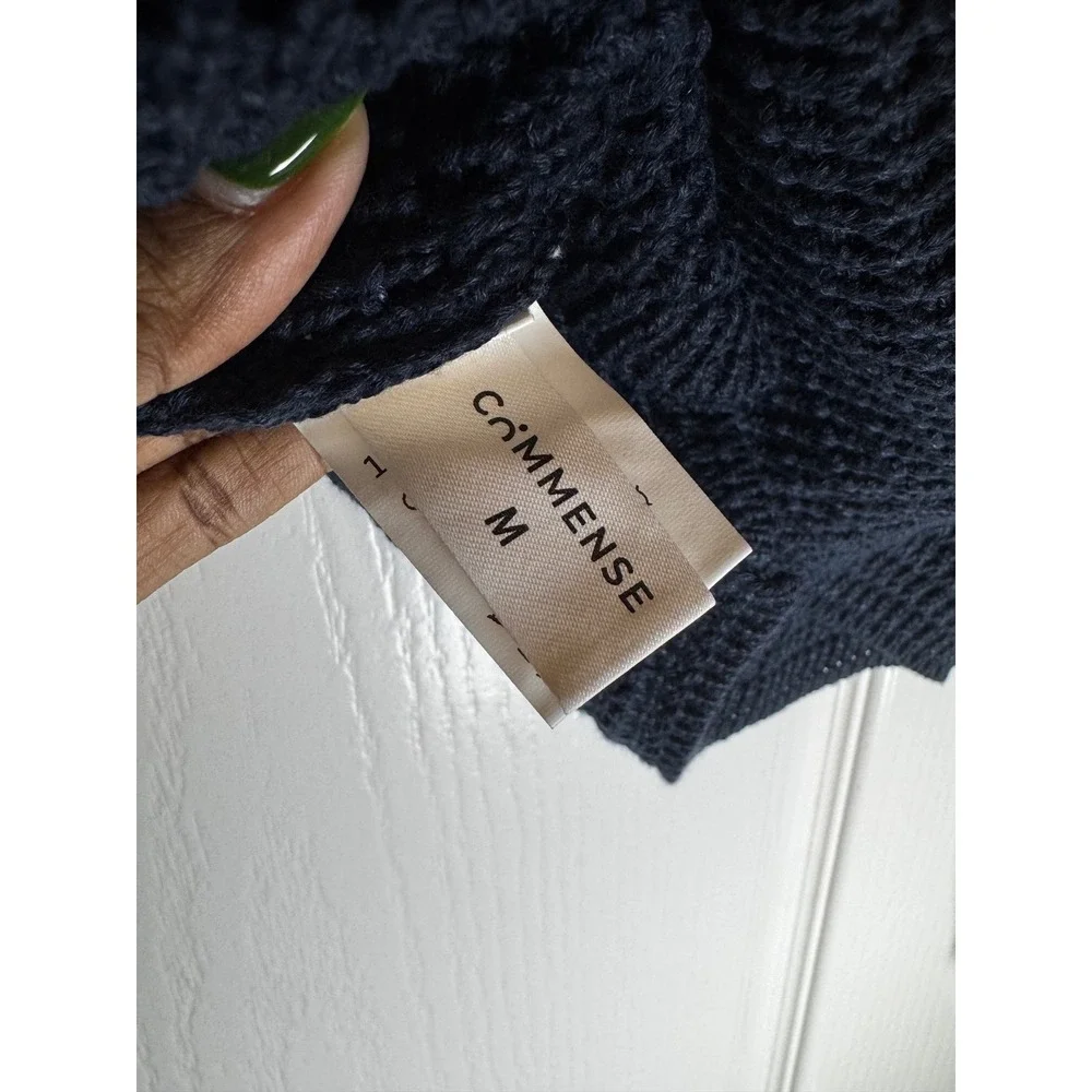 Commense Navy Blue Crochet Knit Asymmetrical Button Off Shoulder Cardiga